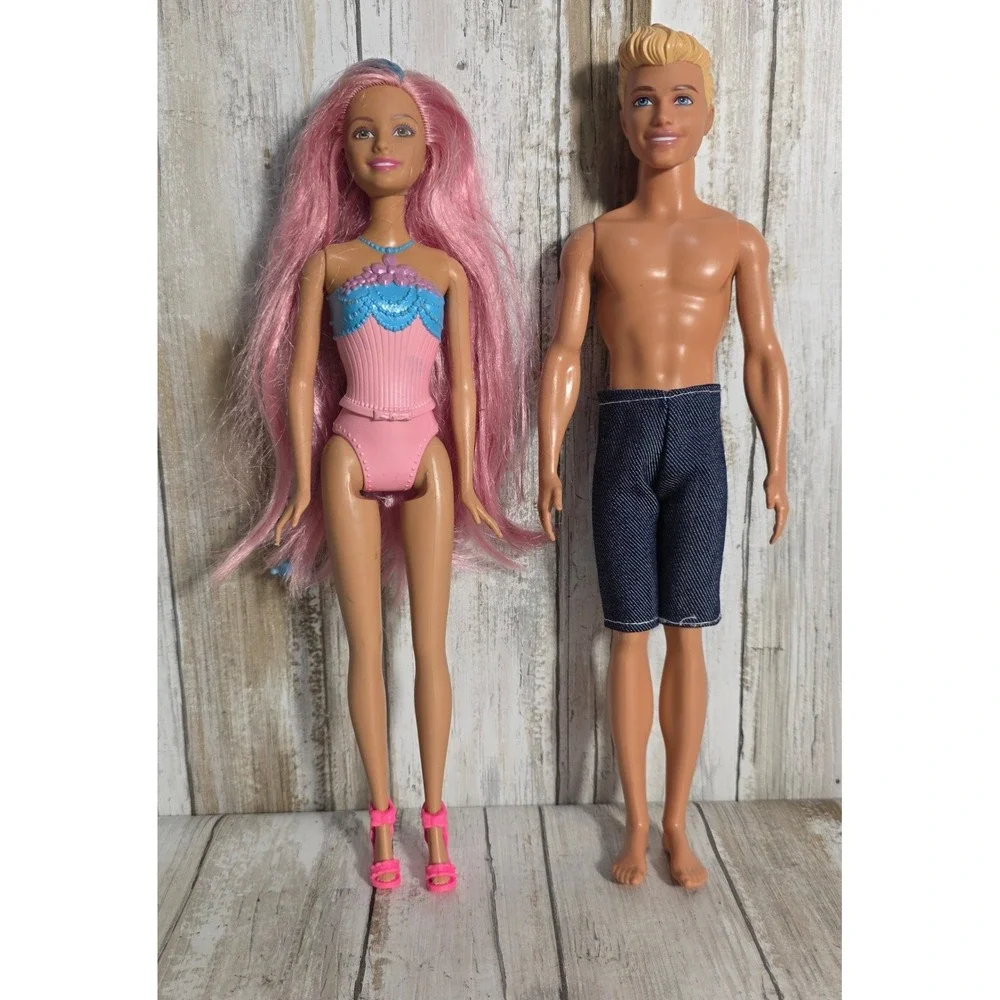 Mattel Barbie and Ken Doll Set Pink Hair Mermaid Bodice & Denim Trunks HJT10